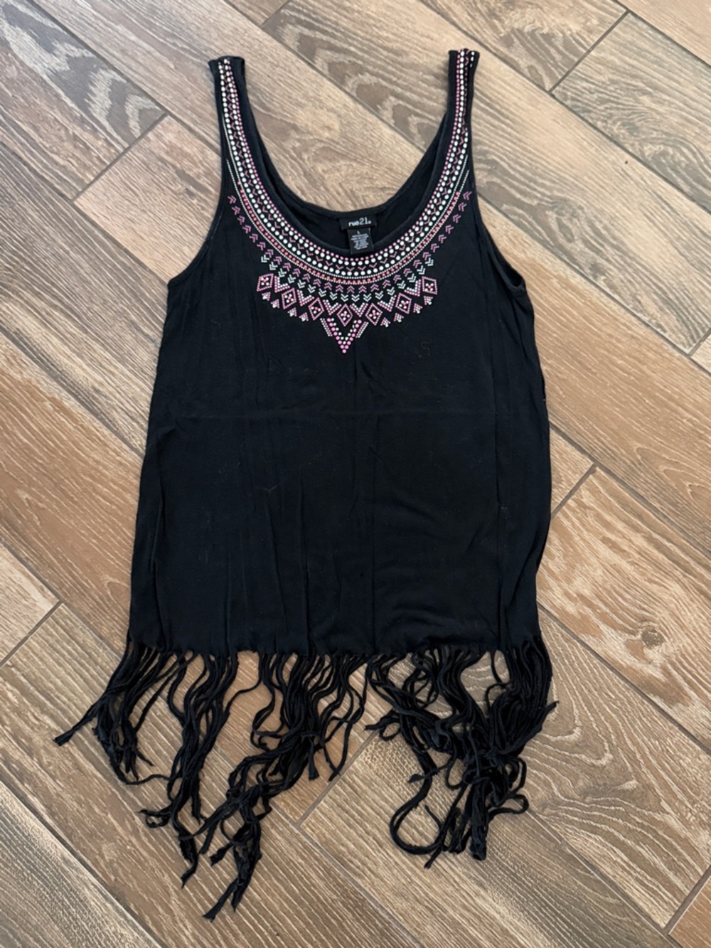 Rue21 Black Tank with Pink & White Neck Design Yoke and Fringe